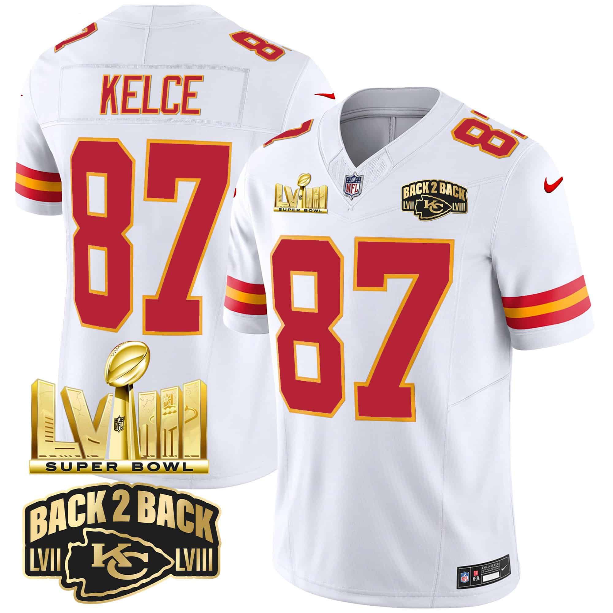 Men Kansas City Chiefs #87 Kelce White 2024 Nike Super Bowl LVIII & Back-2-Back Gold Patch Vapor NFL Jersey->indianapolis colts->NFL Jersey